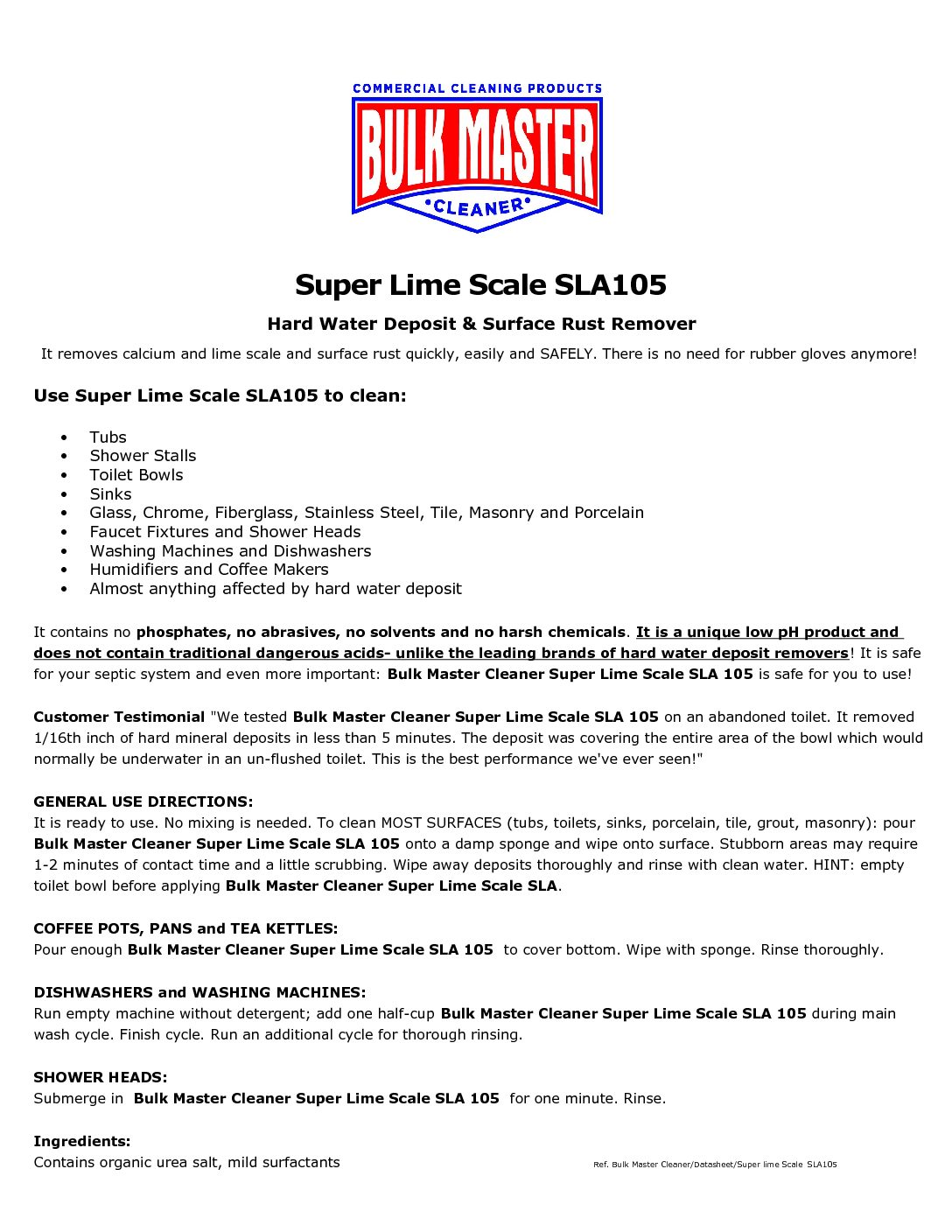 Bulk Master Cleaner Super Lime Scale SLA105 pdf
